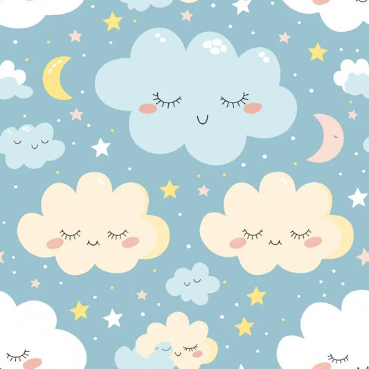 Cute clouds with faces, moons, and stars on a blue background with a whimsical design.