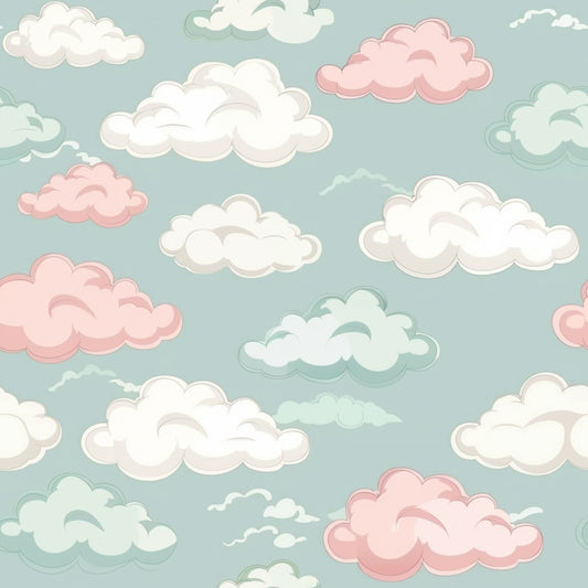 Pattern of fluffy clouds in white, pink, and green on a teal background, arranged in a repeating design.