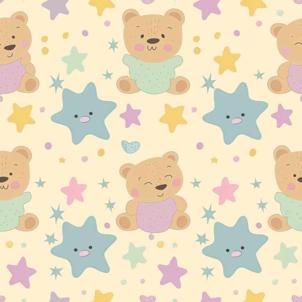 Cute teddy bears, starfish, and stars in pastel colors on a light yellow background form a seamless pattern.