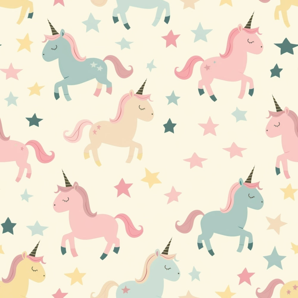 Pattern of pastel-colored unicorns and stars on a cream background. The unicorns are pink, blue, and beige, each with a horn and flowing mane. The stars vary in color and size.