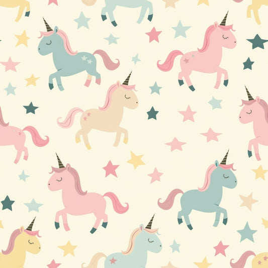 Pattern of pastel-colored unicorns and stars on a cream background. The unicorns are pink, blue, and beige, each with a horn and flowing mane. The stars vary in color and size.