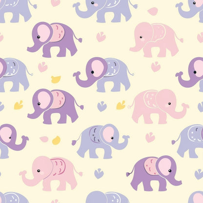 Pattern of pastel elephants in pink, purple, and blue on a light background, interspersed with small heart and leaf shapes.