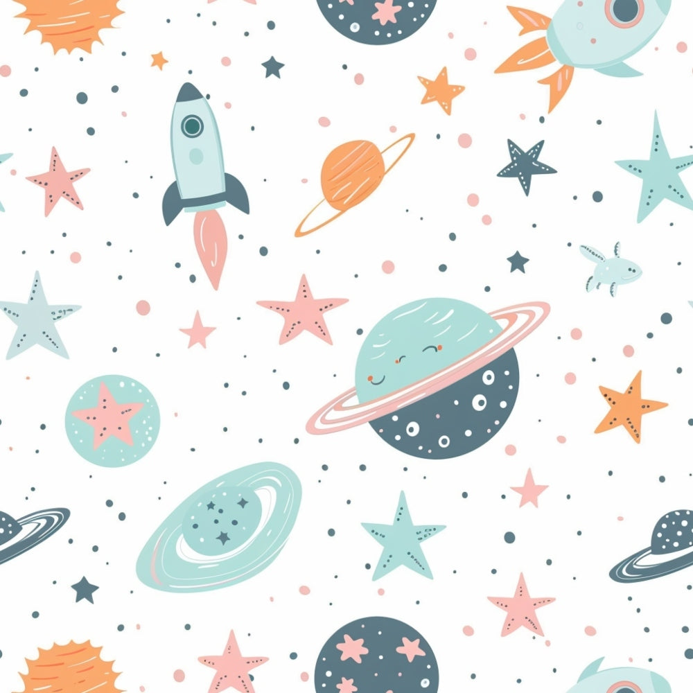 Patterned illustration of planets, rockets, and stars in pastel colors on a white background.