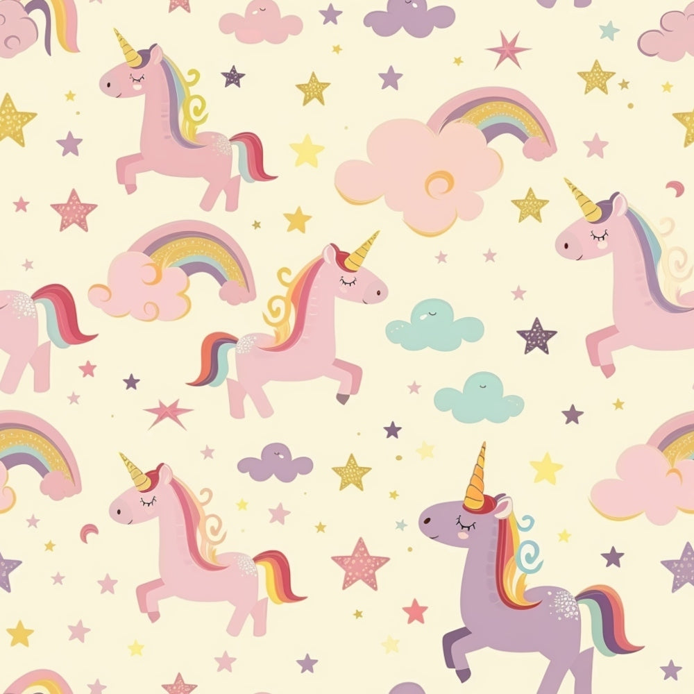 Pattern of pink and purple unicorns with rainbow manes, stars, moons, clouds, and rainbows on a light yellow background.