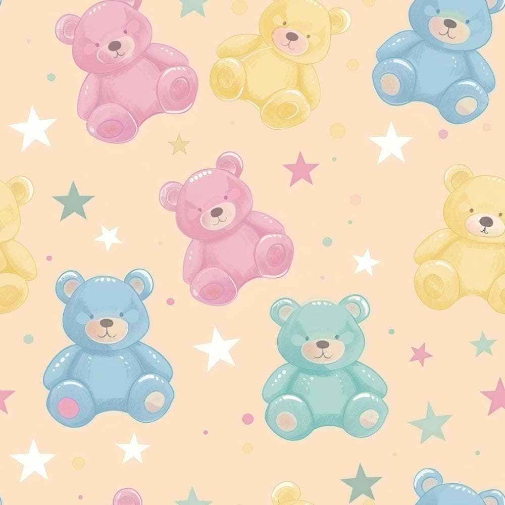 Pattern of colorful teddy bears and stars on a beige background. The teddy bears are pink, yellow, blue, and green, surrounded by stars and dots.