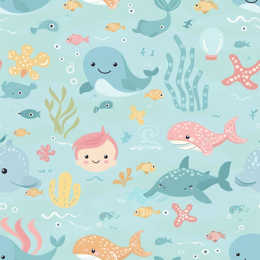 Cute underwater-themed illustration with smiling marine animals, including whales, dolphins, fish, and seaweed. A child’s face is also present among the aquatic elements.