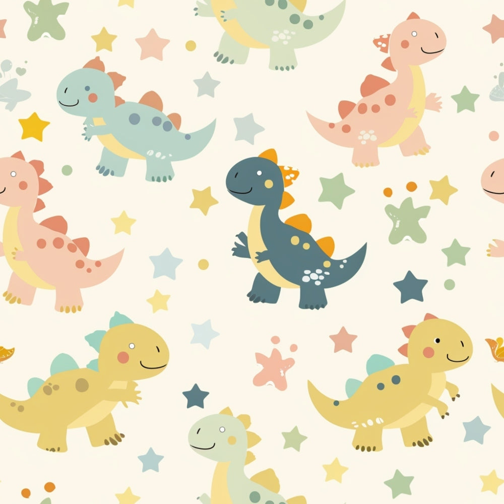 Pattern of colorful cartoon dinosaurs and stars on a light background.