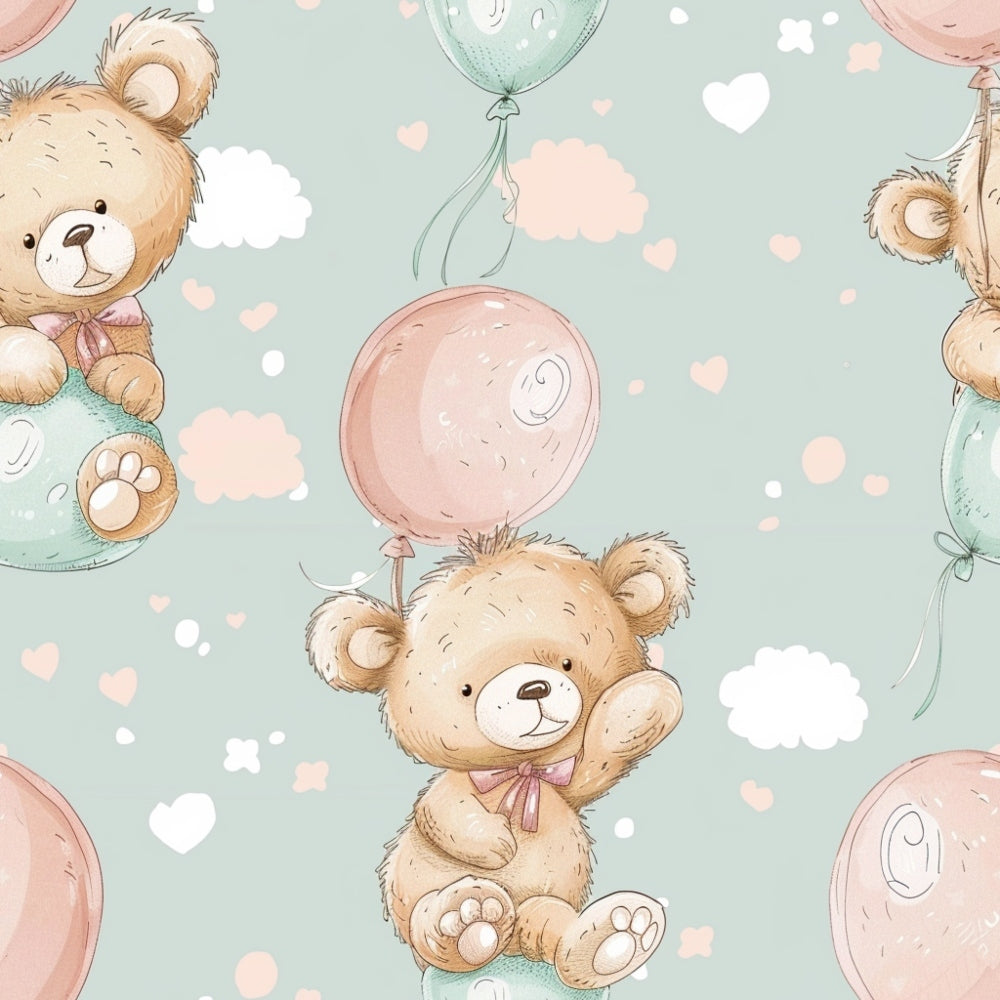 Illustration of teddy bears holding pink and blue balloons on a light green background with clouds and hearts.