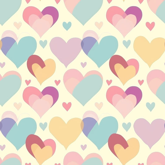 Pattern of overlapping hearts in pastel colors on a light background. Hearts are pink, blue, yellow, and purple, in various sizes.