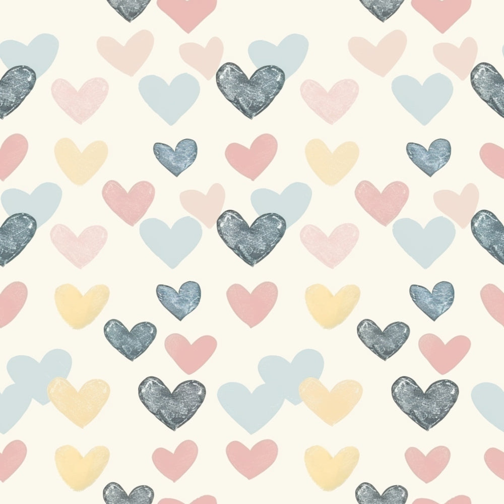 Pattern of hearts in pink, blue, yellow, and dark gray on a light background, arranged in a scattered formation.