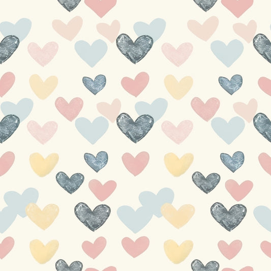 Pattern of hearts in pink, blue, yellow, and dark gray on a light background, arranged in a scattered formation.