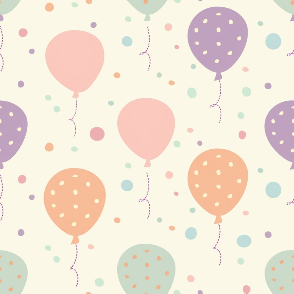 Pattern of pastel balloons with polka dots in pink, purple, and orange against a light background, interspersed with scattered circles in matching colors.
