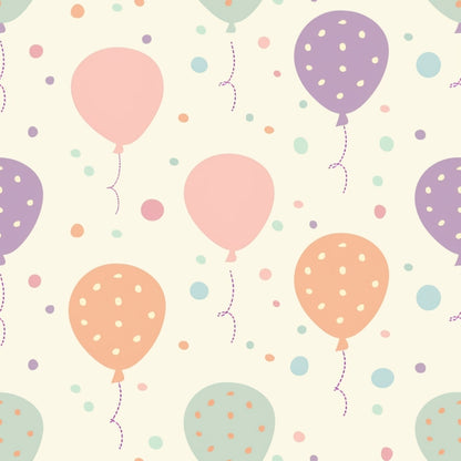 Pattern of pastel balloons with polka dots in pink, purple, and orange against a light background, interspersed with scattered circles in matching colors.
