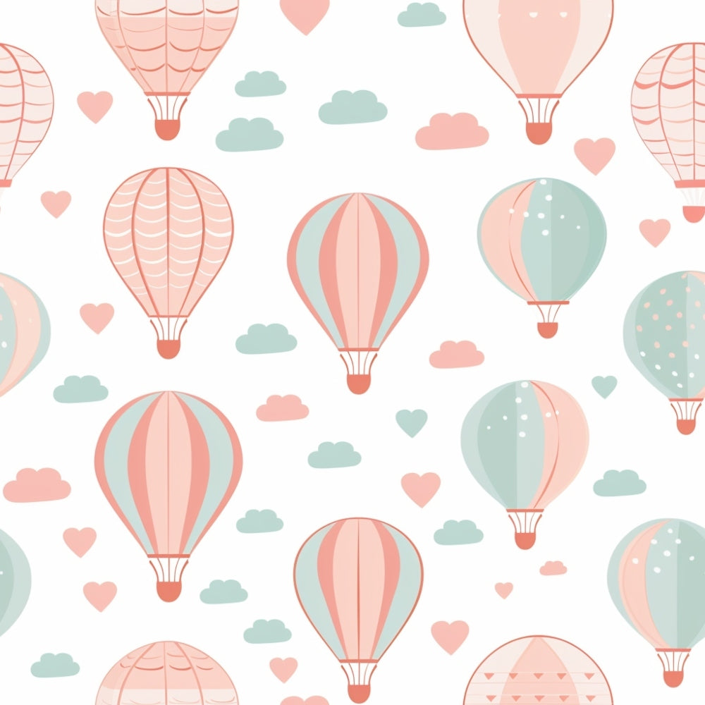 Pattern of pastel-colored hot air balloons, clouds, and hearts on a white background.