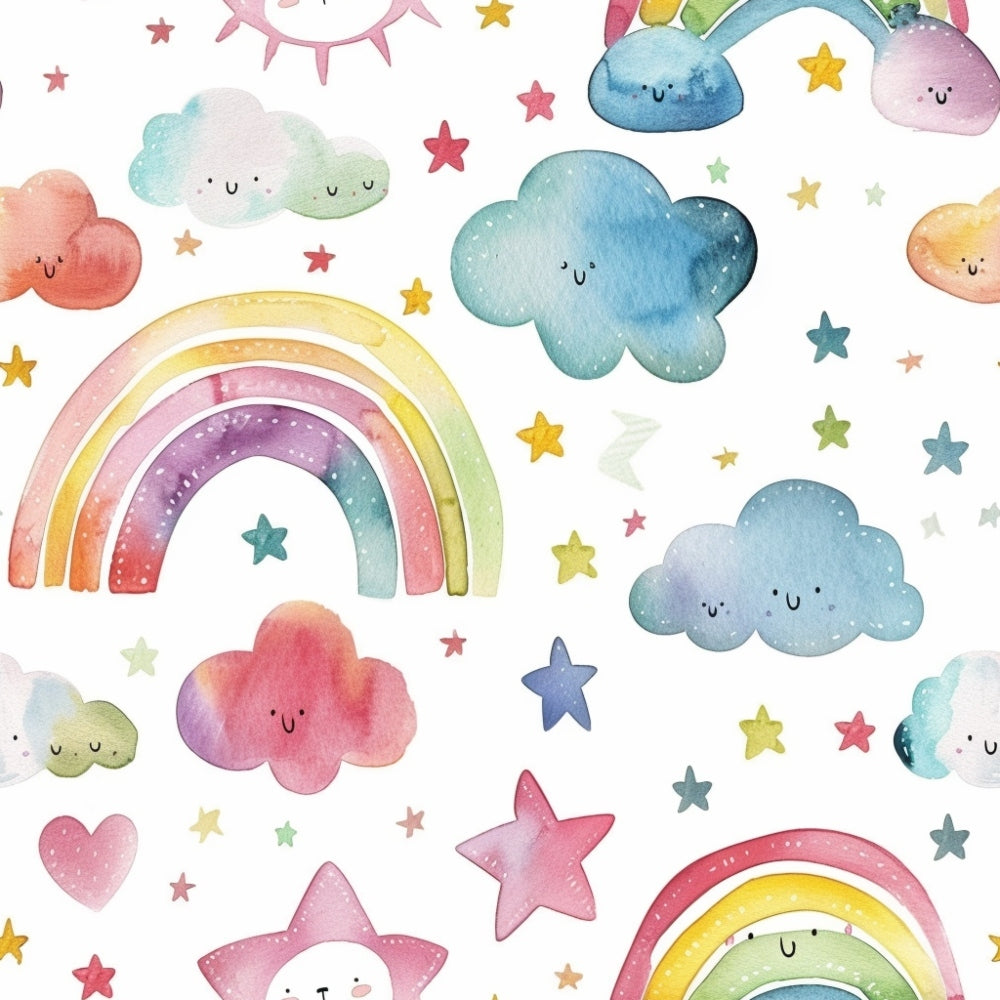 Colorful watercolor illustration of whimsical clouds, rainbows, stars, and hearts with smiling faces on a white background.