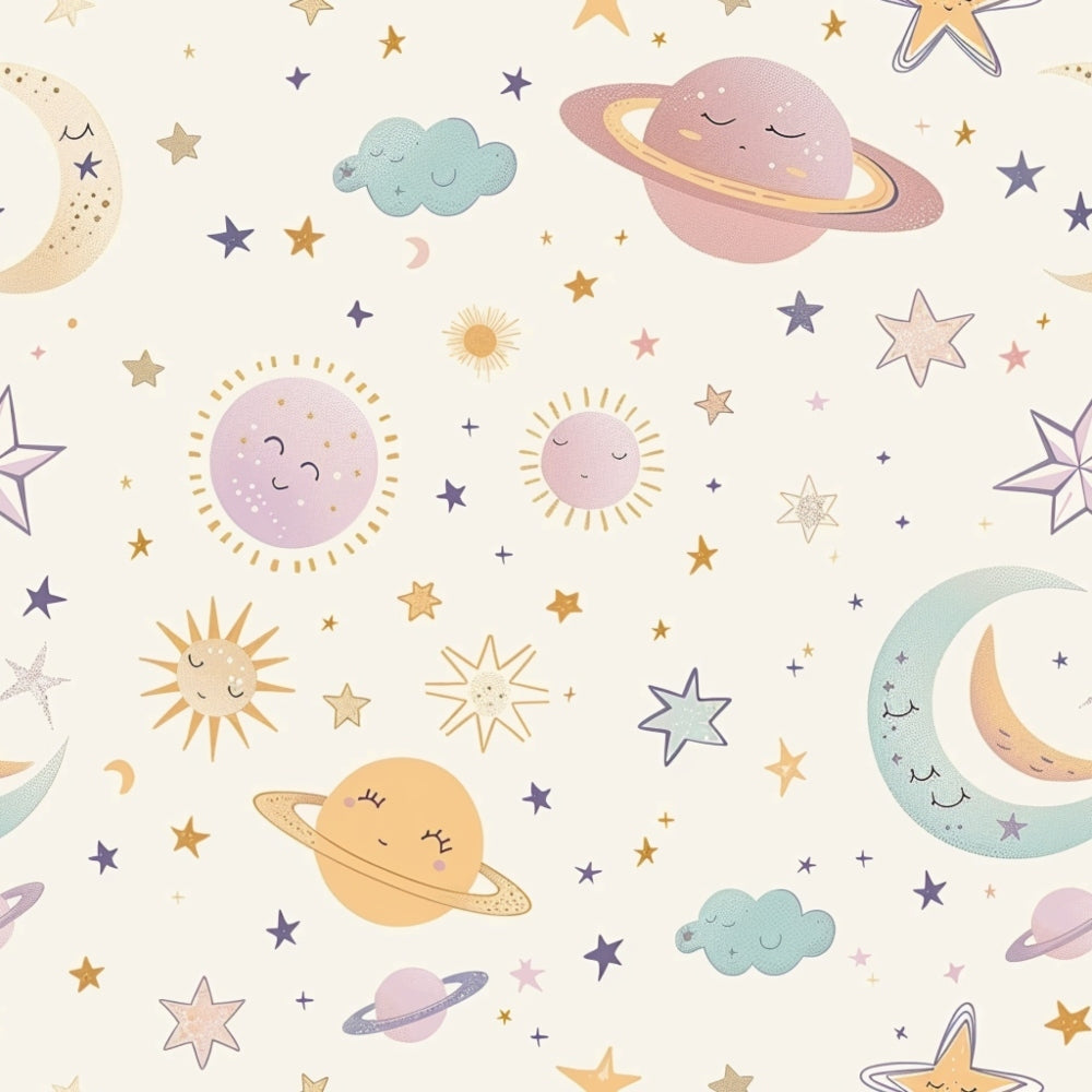 Whimsical celestial pattern featuring stars, clouds, sun, moon, and planets with faces on a light background.