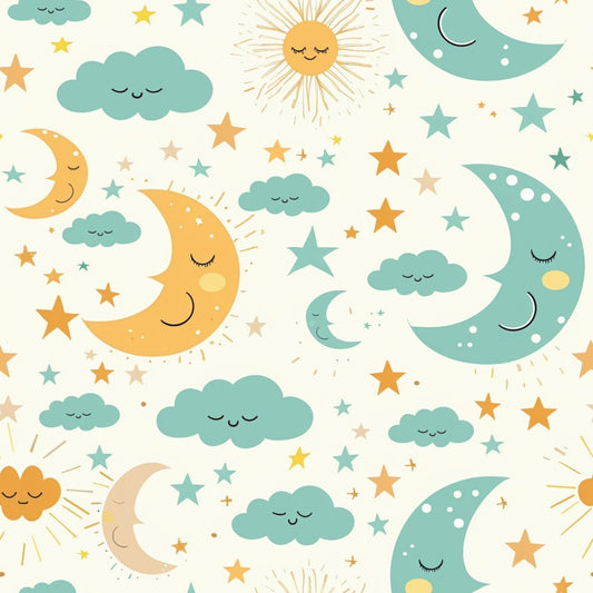 Pattern with smiling moons, suns, clouds, and stars in shades of yellow, teal, and orange on a light background.