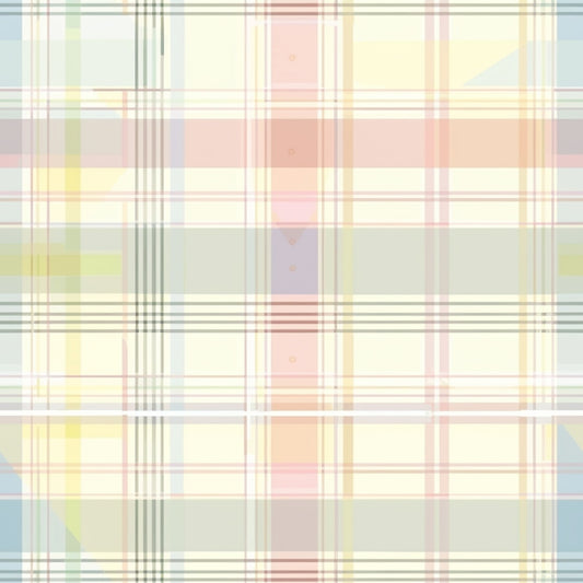 Pastel-colored plaid pattern with intersecting vertical and horizontal lines in soft hues of yellow, pink, and blue on a light background.