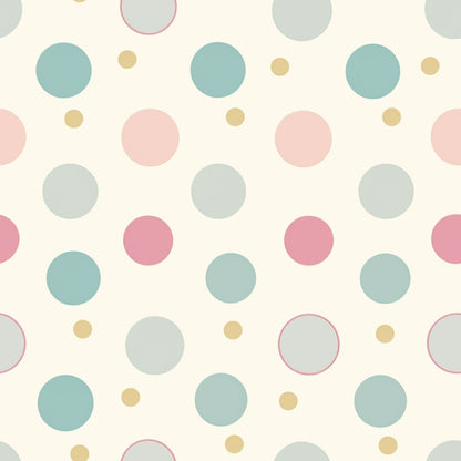 Pattern of large circles in pastel colors—blue, pink, and green—with small mustard yellow dots on a light background.