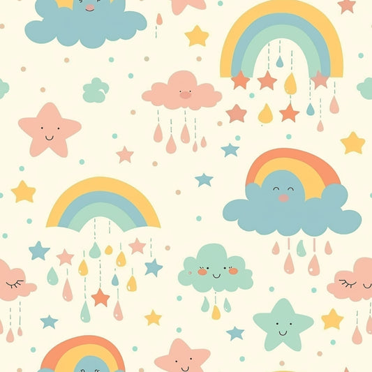 Cute pattern with rainbows, smiling stars, and clouds in pastel colors. Droplets and dots are scattered throughout.