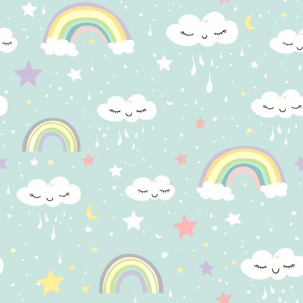 Pastel pattern with rainbows, smiling clouds, stars, and crescent moons on a light blue background.