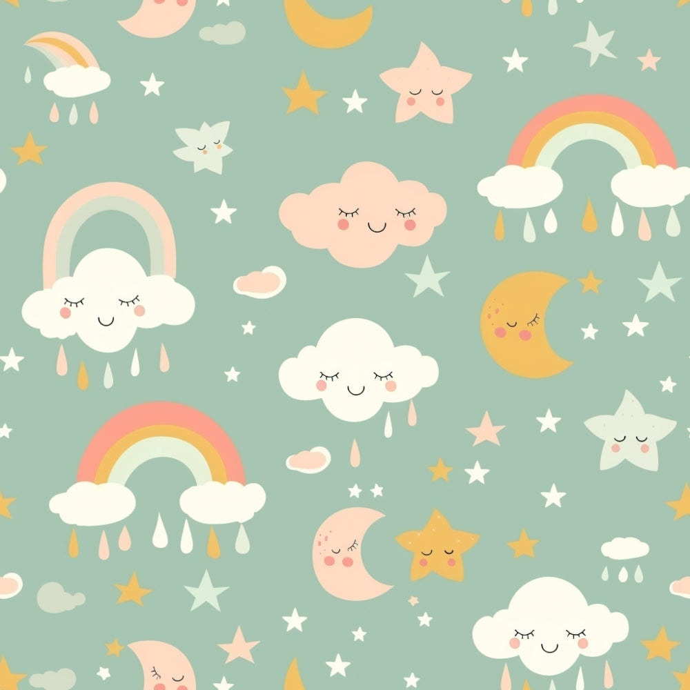 Pattern of smiling clouds, moons, stars, and rainbows on a light green background. Rainbows have clouds with raindrops, and all elements have friendly facial expressions.