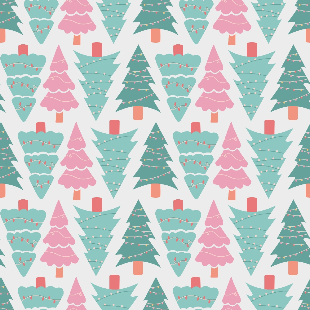 Pattern of alternating stylized Christmas trees in green and pink with string lights, set against a white background.