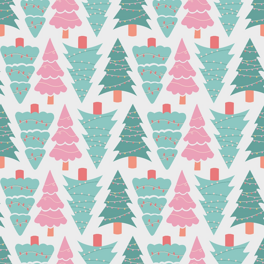 Pattern of alternating stylized Christmas trees in green and pink with string lights, set against a white background.