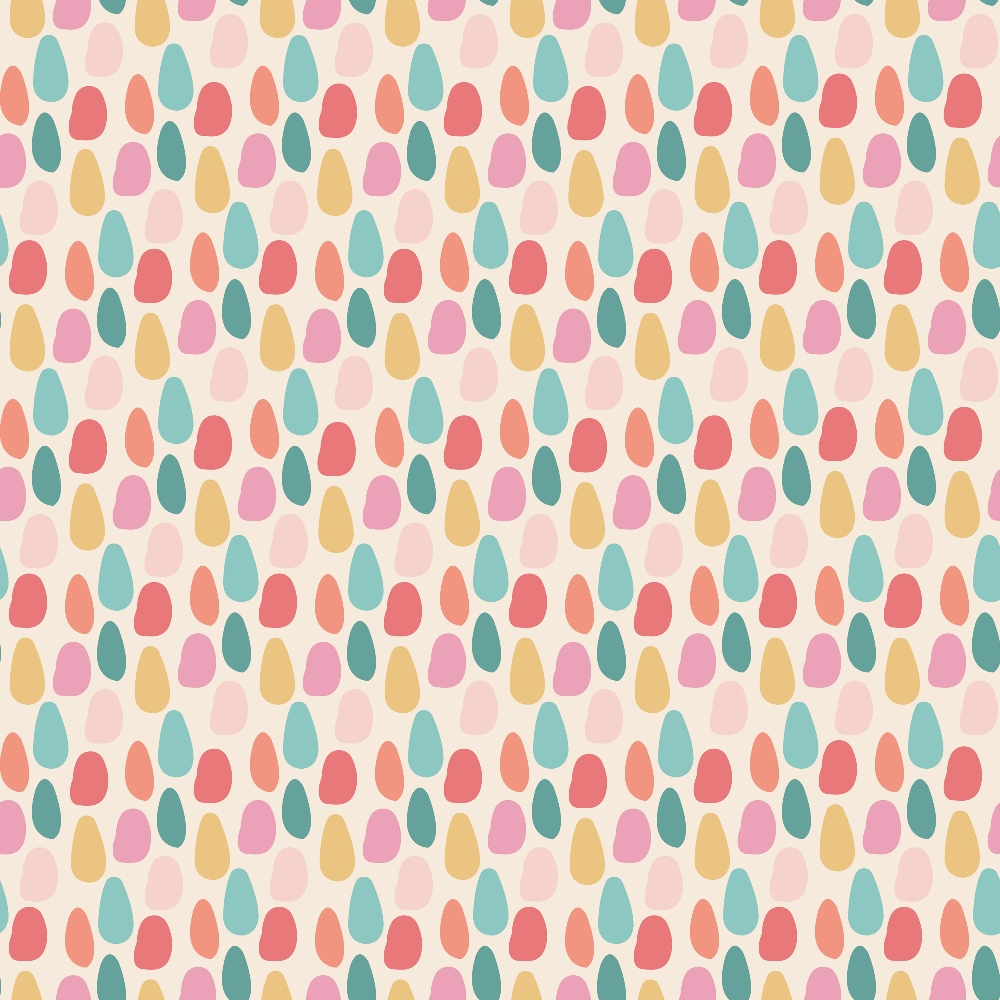 A pattern of multicolored, randomly arranged teardrop shapes in pink, red, blue, yellow, and beige on a light background.