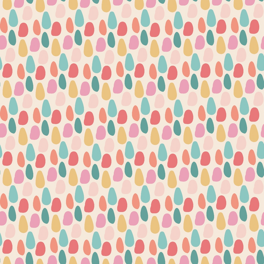 A pattern of multicolored, randomly arranged teardrop shapes in pink, red, blue, yellow, and beige on a light background.