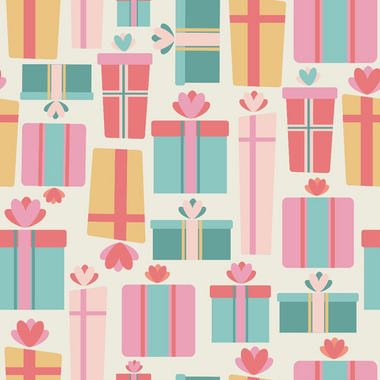 A pattern of gift boxes with bows in pastel colors, including pink, blue, red, and yellow, arranged on a light background.