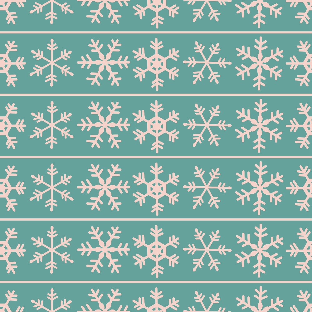 Pattern of pink snowflakes on a teal background, arranged in horizontal rows.