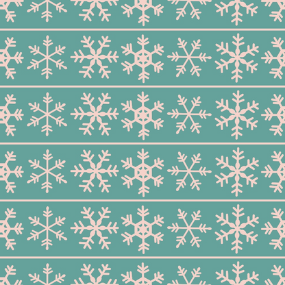 Pattern of pink snowflakes on a teal background, arranged in horizontal rows.