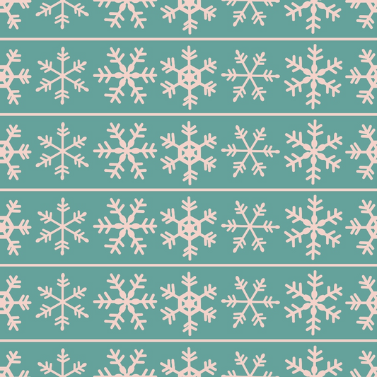 Pattern of pink snowflakes on a teal background, arranged in horizontal rows.