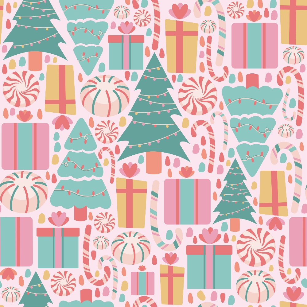 Festive pattern featuring Christmas trees, wrapped gifts, candy canes, and peppermint candy in pastel colors.