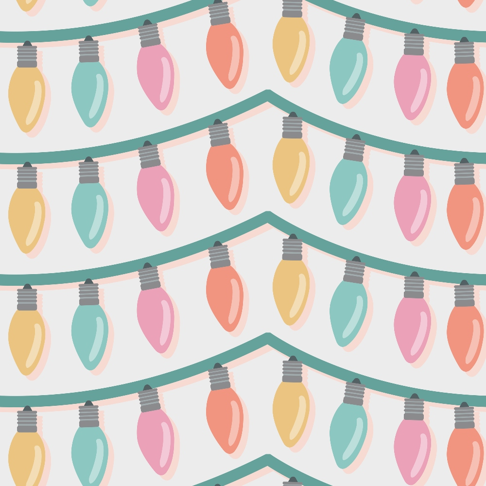 Pattern of colorful string lights with pastel bulbs in rows on a white background.