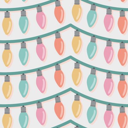 Pattern of colorful string lights with pastel bulbs in rows on a white background.