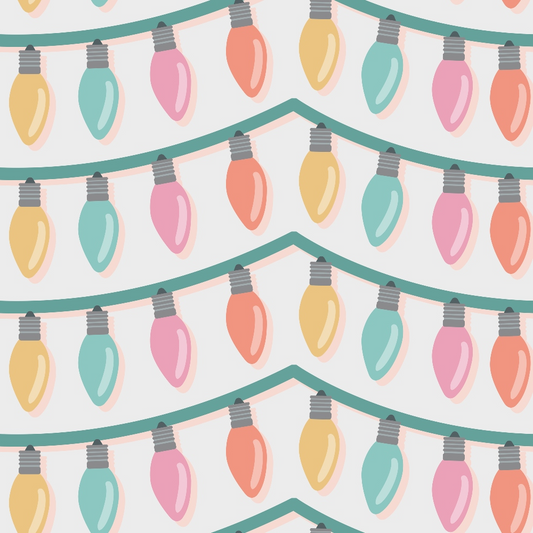 Pattern of colorful string lights with pastel bulbs in rows on a white background.