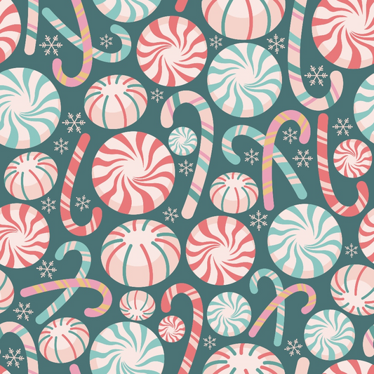 Patterned image with red and white candy canes, peppermint swirls, and snowflakes on a teal background.