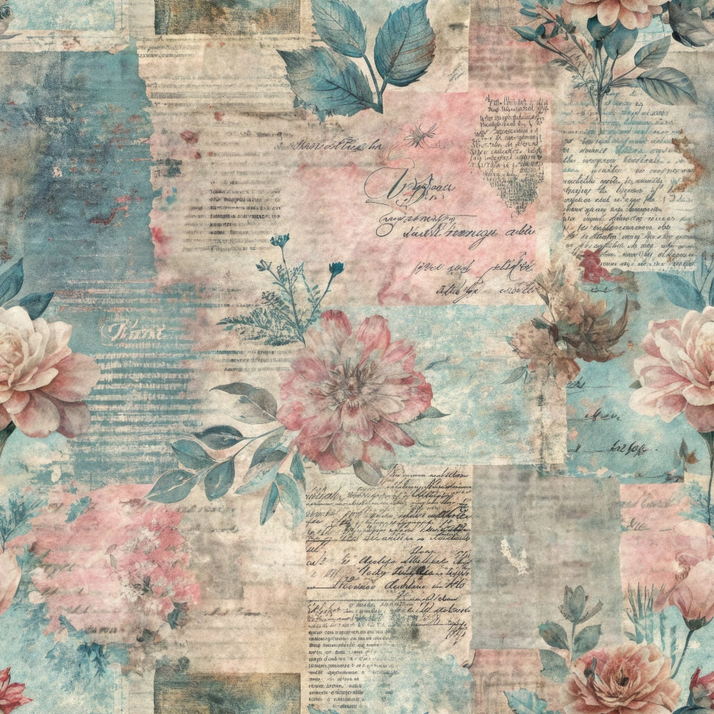 A collage-style background with faded vintage text, handwritten script, and botanical illustrations, including flowers and leaves, in muted shades of pink, blue, and beige. The design has an aged, antique appearance.