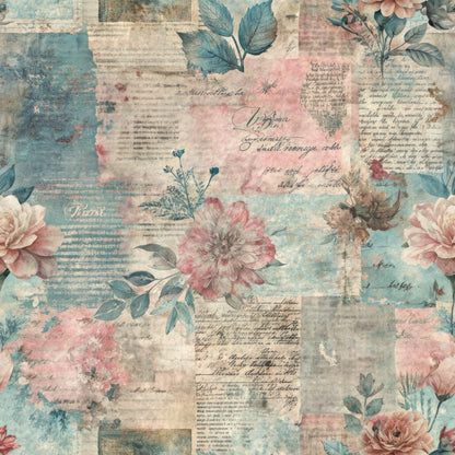 A collage-style background with faded vintage text, handwritten script, and botanical illustrations, including flowers and leaves, in muted shades of pink, blue, and beige. The design has an aged, antique appearance.