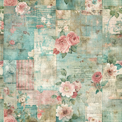 A patchwork pattern featuring faded blue and beige squares with vintage textures, overlaid with pink and white roses, green leaves, and faint text elements in a distressed, shabby chic style.