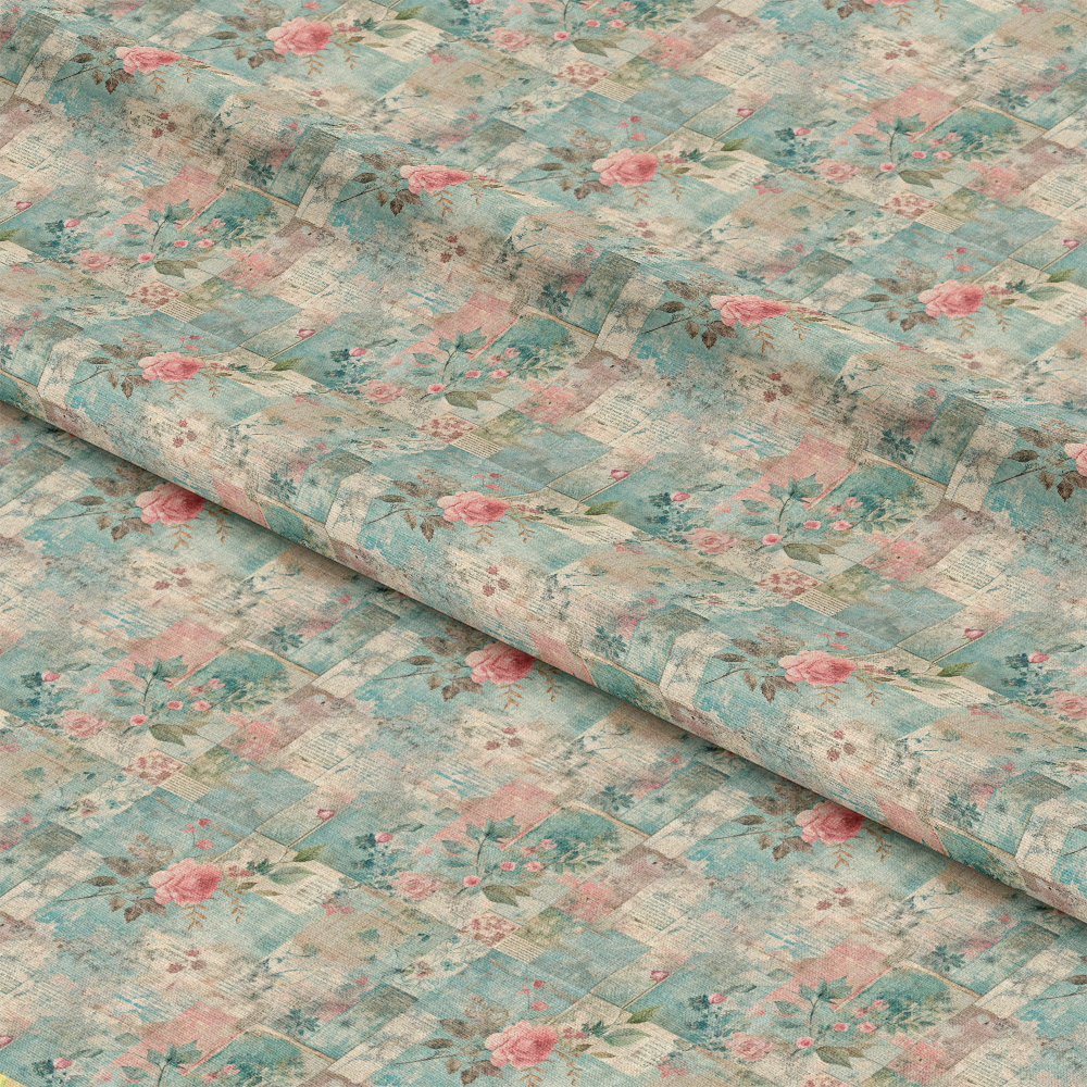 A fabric with a soft, vintage-inspired patchwork design featuring muted pastel squares, floral patterns, and scattered pink roses, arranged in a repeating grid. The fabric is gently folded.