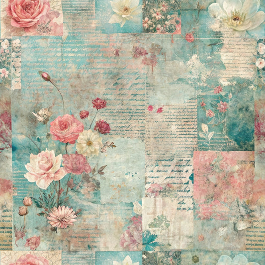 A collage of pastel-colored vintage papers with faded script, watercolor roses, daisies, and other flowers in pink, cream, and green tones, forming a textured, antique-style floral background.