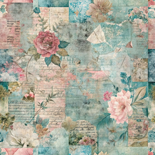 A collage of vintage-style papers featuring faded handwritten text, pastel watercolor flowers, and botanical illustrations in blue, pink, and beige tones, with a textured, worn background.