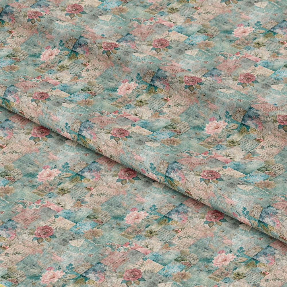 - Pastel Grunge Nostalgia Pattern 4 Quilting Cotton Fabric  
- Floral design  
- Soft pink, teal, beige, cream tones  
- Vintage, distressed textures  
- Quilting fabric, cotton material  
- Retro, shabby chic style  
- Patchwork, nostalgic aesthetic  
- Muted colors, delicate blooms  
- Textile for sewing, crafts