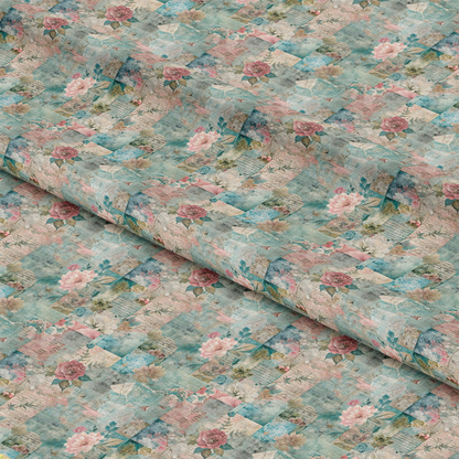 - Pastel Grunge Nostalgia Pattern 4 Quilting Cotton Fabric  
- Floral design  
- Soft pink, teal, beige, cream tones  
- Vintage, distressed textures  
- Quilting fabric, cotton material  
- Retro, shabby chic style  
- Patchwork, nostalgic aesthetic  
- Muted colors, delicate blooms  
- Textile for sewing, crafts