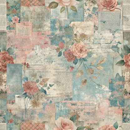 A collage-style background featuring faded text, vintage paper textures, and illustrations of pink and red roses with green leaves on a distressed blue and beige backdrop.
