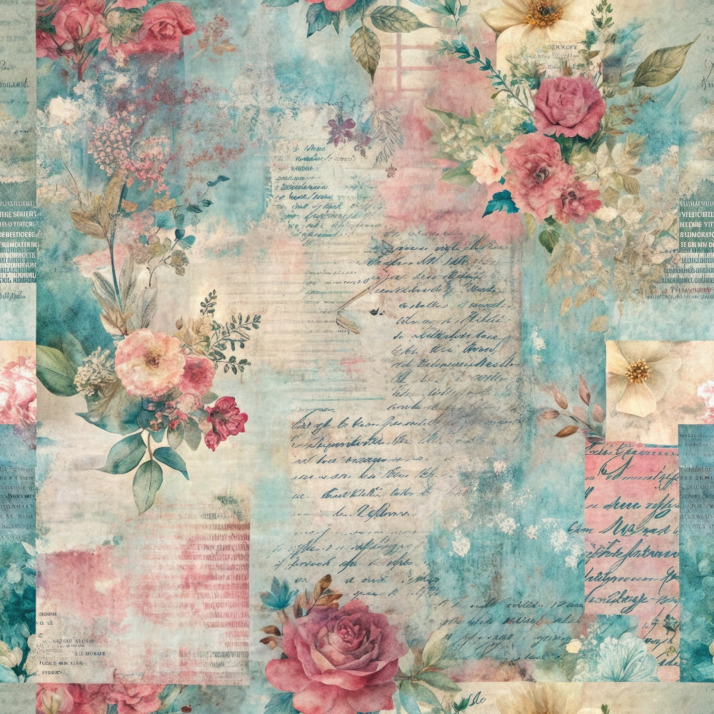 pastel colors, vintage roses, grunge texture, nostalgic aesthetic, turquoise blue, dusty pink, cream white, floral motifs, distressed paper, handwritten script, weathered appearance, romantic flowers, faded documents, mixed media collage, quilting cotton, fabric panel, shabby chic, watercolor effect, aged patina, botanical elements