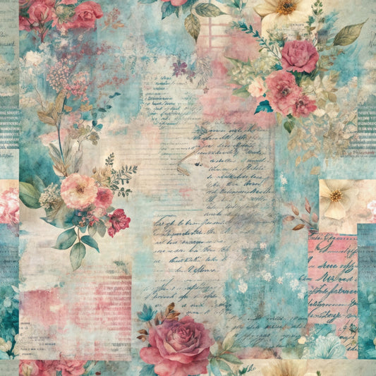 A vintage-style background with handwritten script overlays, faded blue and pink watercolor textures, and clusters of assorted flowers including roses and daisies arranged throughout the image.